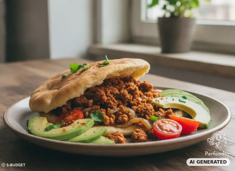 Veganes Pitabrot mit würzigem Faschierten und Avocado