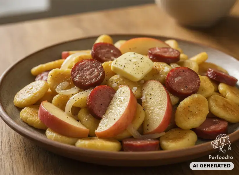 Gebratene Knöpfle mit Landjäger und Äpfeln
