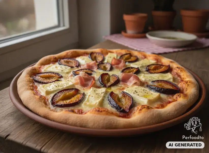 Pizza mit Zwetschken, Schinkenspeck und Brie