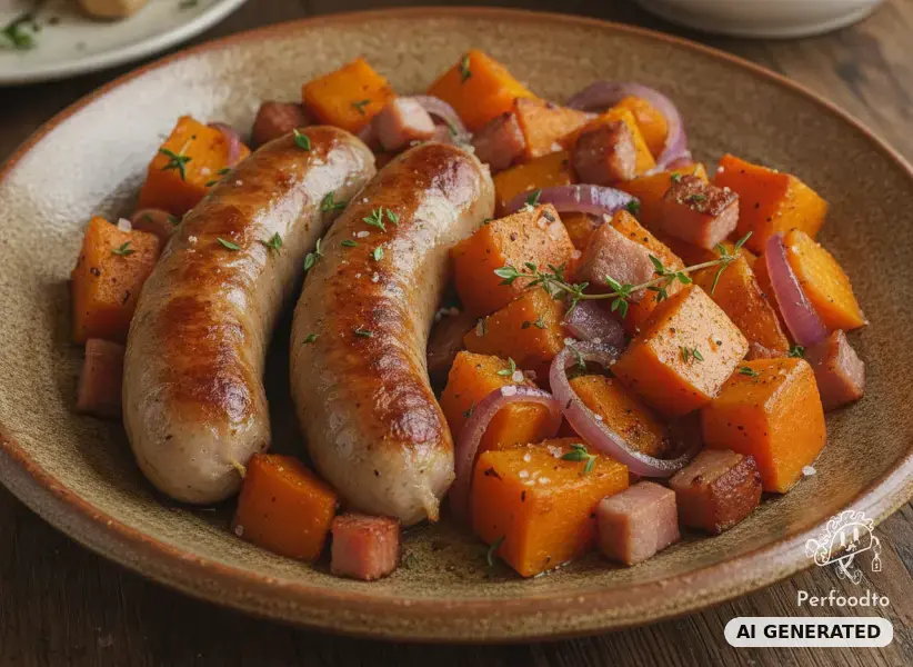 Bratwurst mit geröstetem Kürbis und Schinken