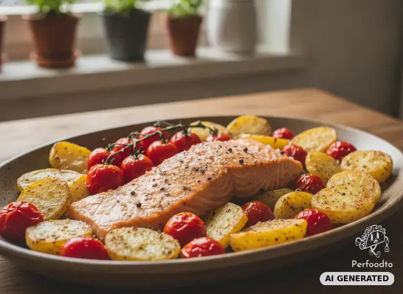 Ofenlachs mit Röstkartoffeln und Tomaten
