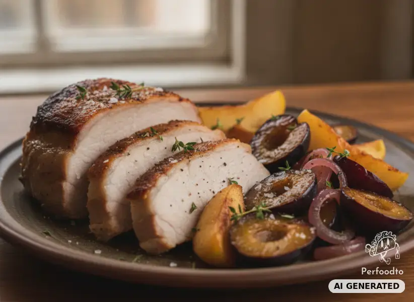 Schweinskarree mit gebratenen Äpfeln und Zwetschken