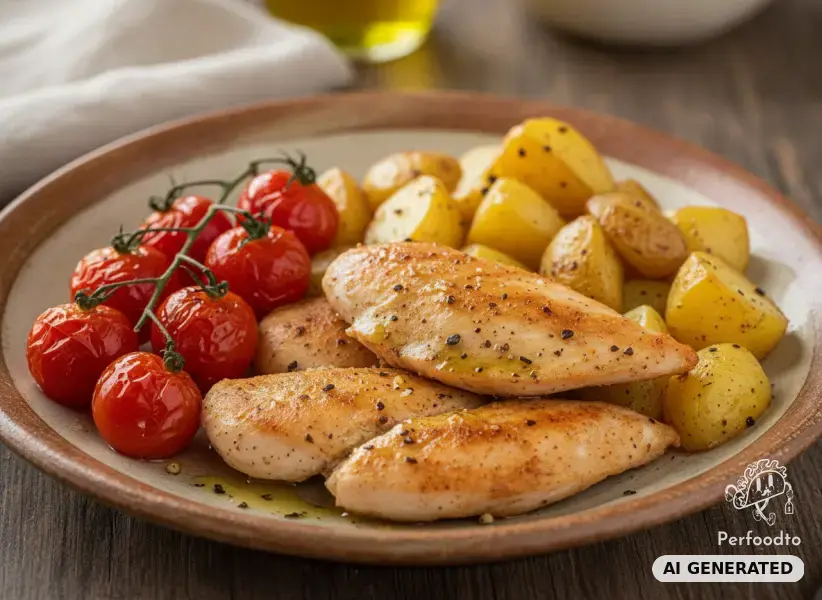 Hähnchenfilet mit Ofenkartoffeln und Rispentomaten