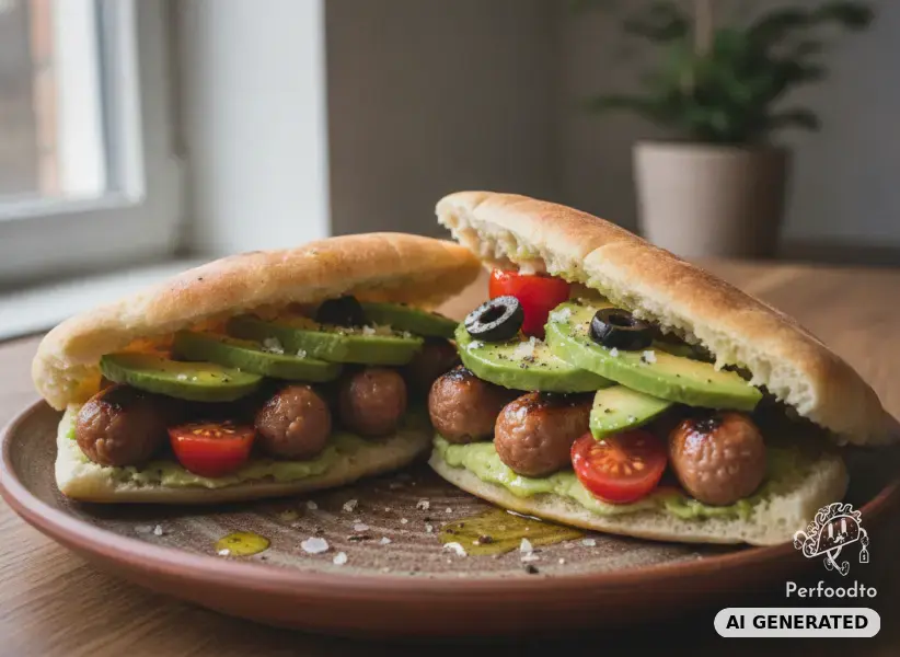Gefülltes Pitabrot mit veganen Grillwürsteln und Avocado