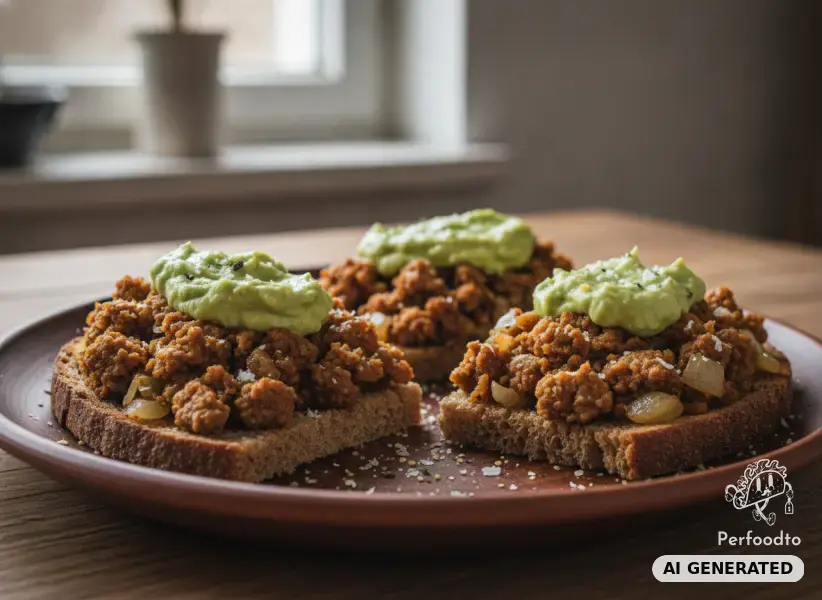 Veganes Faschiertes auf Roggenbrot mit Avocadocreme