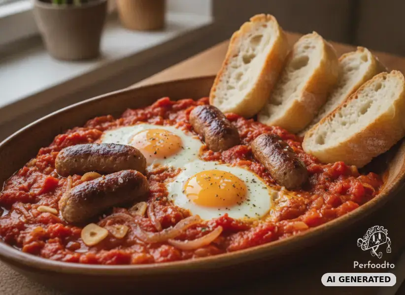Shakshuka mit veganen Grillwürsteln und Baguette