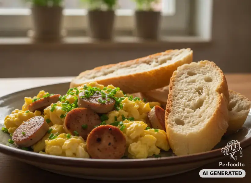 Rührei mit veganen Frankfurtern und Baguette