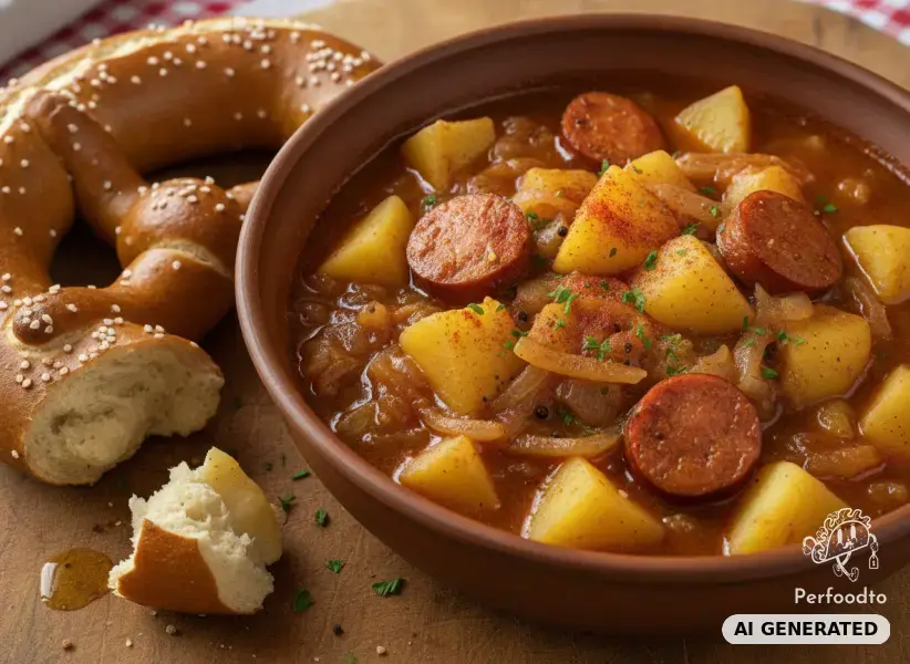 Erdäpfelgulasch mit Frankfurter und Laugenbreze