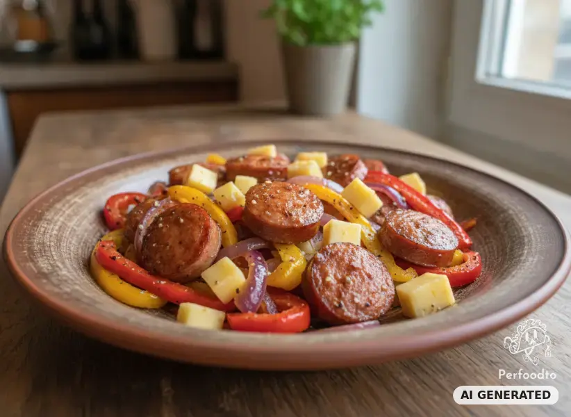 Pikante Wurstpfanne mit Paprika und Käse