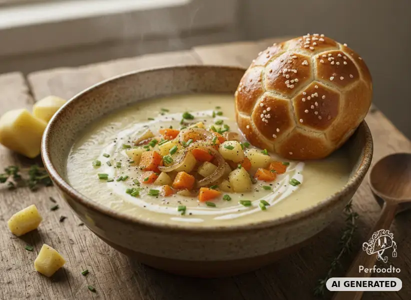 Cremige Kartoffelsuppe mit Röstgemüse und Laugengebäck