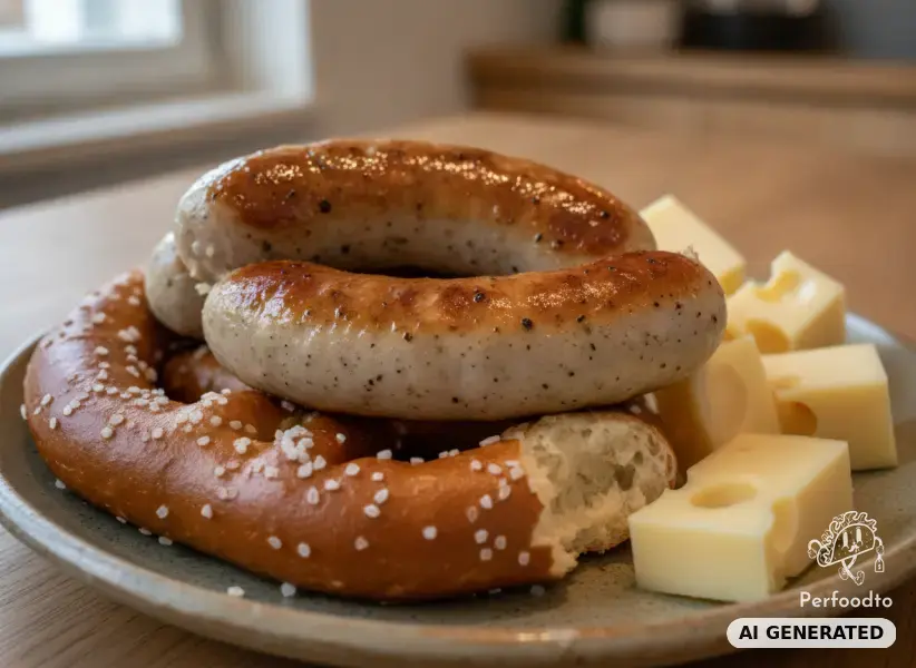 Gebratene Weißwurst mit Brezeln und Emmentaler