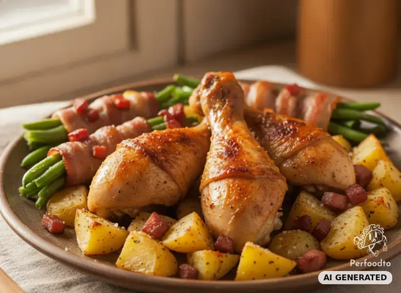 Hähnchenkeulen mit Fisolen, Speck und Kartoffeln