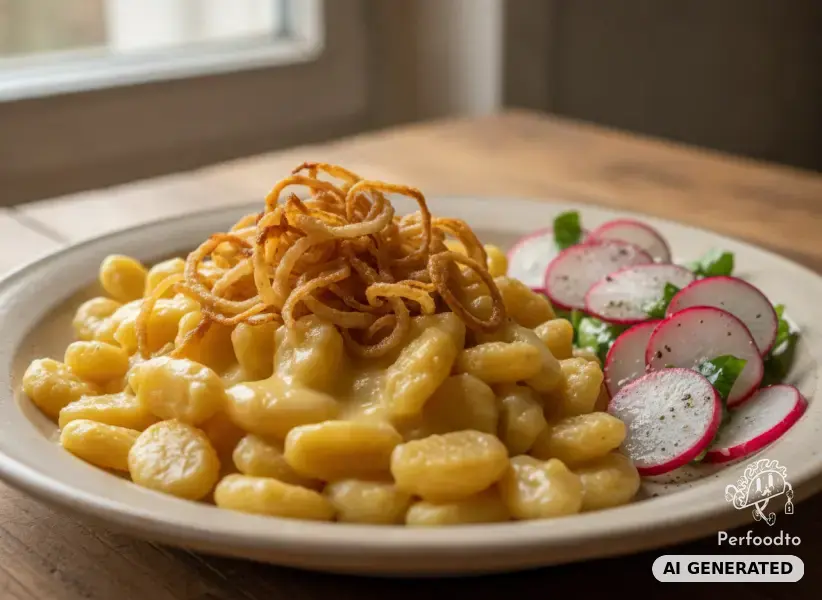 Käseknöpfle mit Röstzwiebeln und Radieschensalat