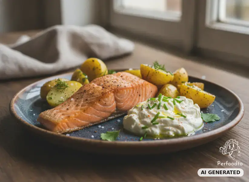 Gebratener Lachs mit Kartoffeln und Frischkäse