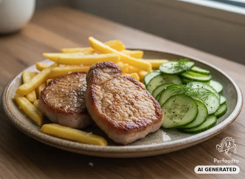 Schweinesteaks mit Pommes und Gurkensalat
