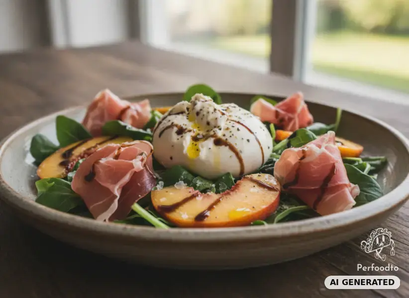Pflücksalat mit Pfirsichen, Burrata und Prosciutto