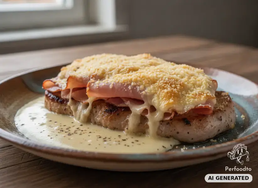 Überbackenes Schweinskarree mit Schinken und Käse