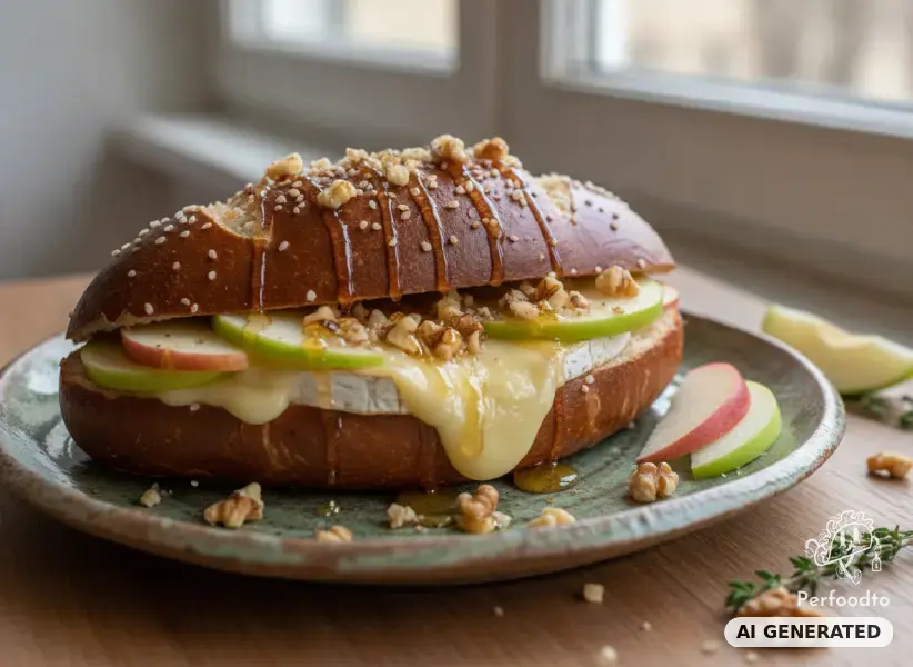 Überbackenes Laugengebäck mit Brie und Apfel