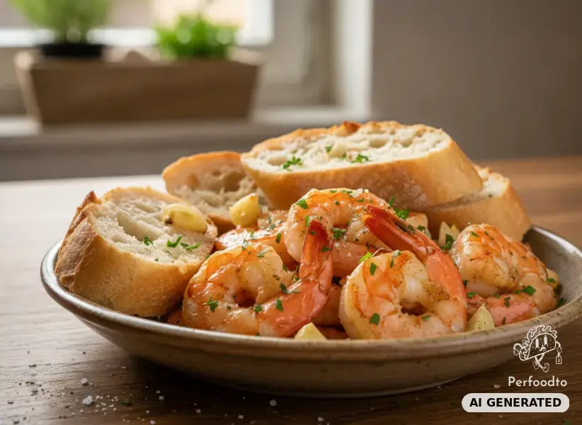 Gebratene Garnelen mit Knoblauch und Baguette