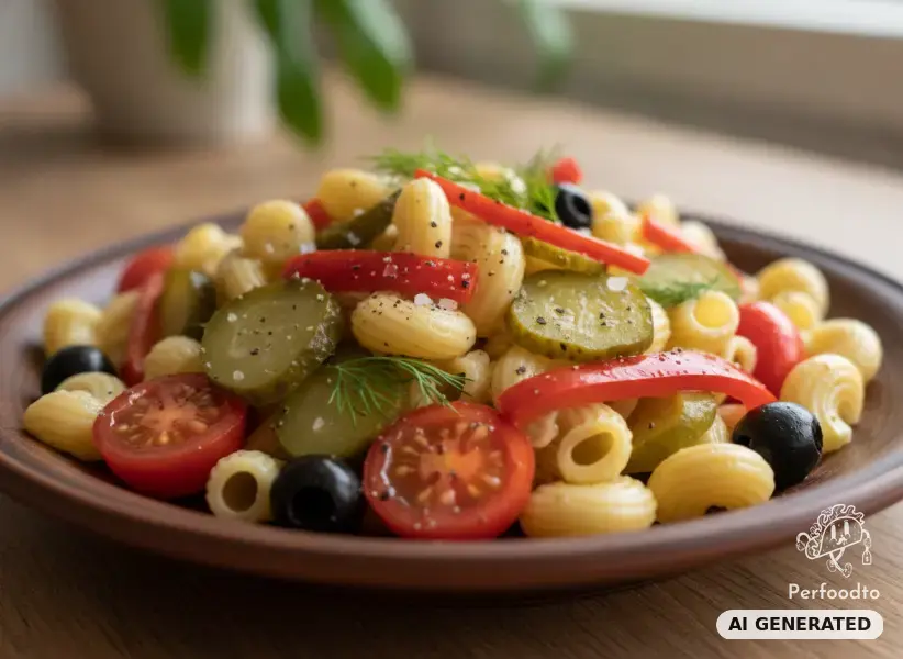 Nudelsalat mit Essiggurken und Paprika
