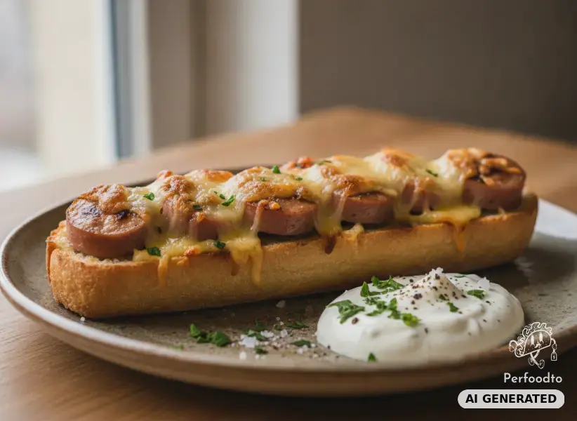 Überbackenes Baguette mit veganen Würstchen und Käse