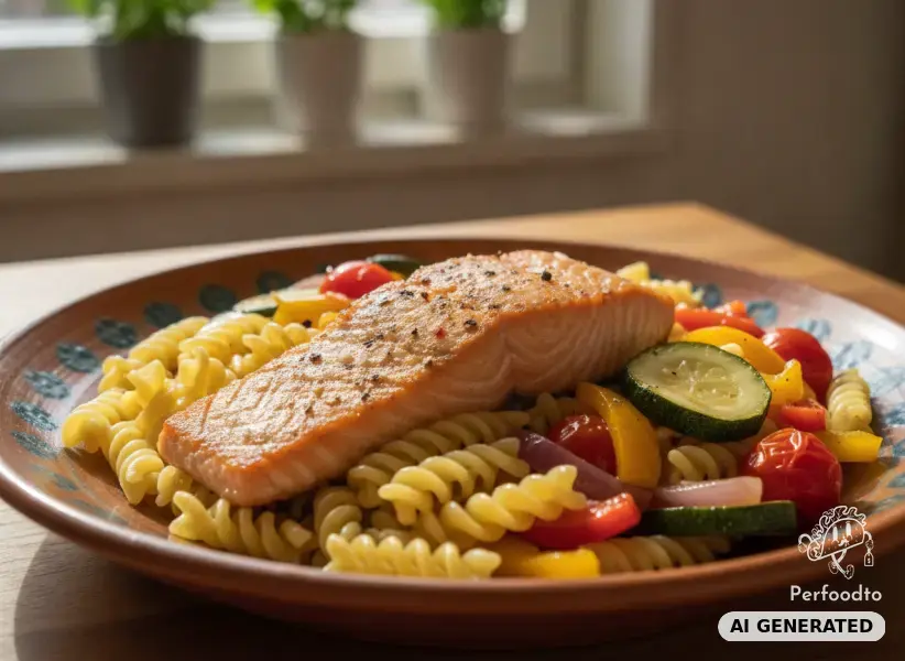 Lachs mit Nudeln und Pfannengemüse
