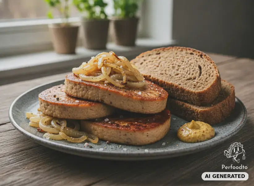Gebratener veganer Leberkäse mit Zwiebeln und Roggenbrot