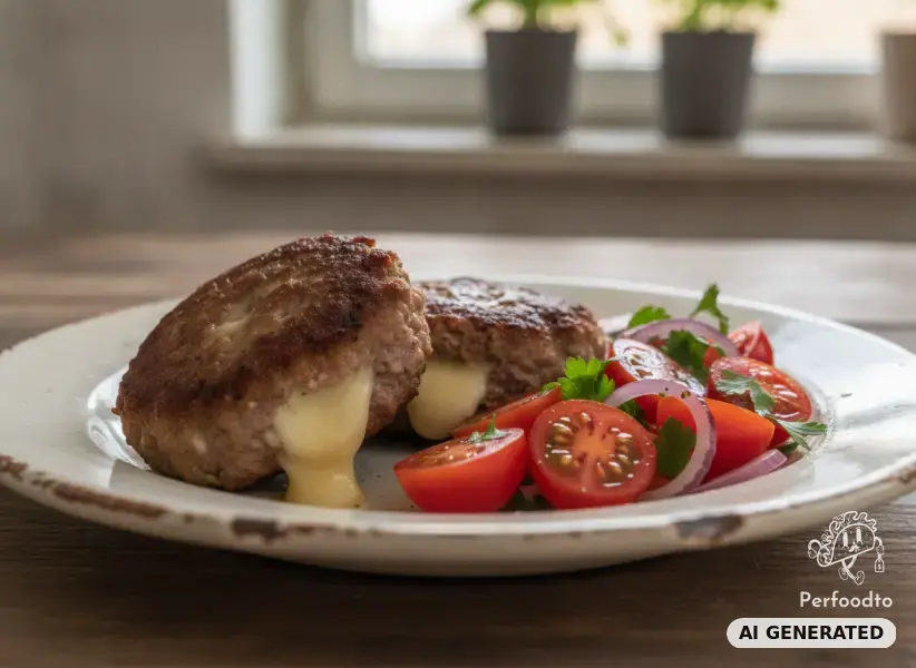 Faschierte Laibchen mit Käsefüllung und Tomatensalat